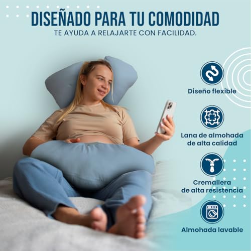 HALVERIA® Almofada para Grávidas Azul Claro | Formato U 130×70 | Suporte 360° para Barriga, Costas e Pernas | Almofada de Maternidade com Capa Lavável de Veludo
