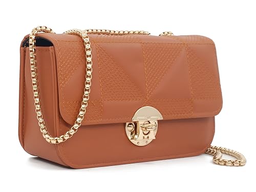 PORT&LOTUS Quilted Handbags for Women Brown Women's Small Shoulder Bag Womens Brown Purse Tan Little Chain Messenger Bag with Gold Chain Strap