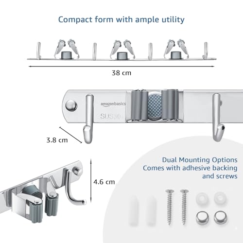Image of Amazon Basics Broom and Mop Holder Wall Mount | Stainless Steel | 3 Racks & 4 Hooks | Tool Organiser for Kitchen, Bathroom, Garage | 3.8L x 38W x 4.6H cm