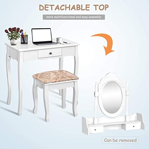 Byroce Vanity Table Set, Makeup Table With Oval Mirror & Cushioned Stool, Bedroom Dressing Table W/ 3 Drawers For Girls, Women, White #TOP3