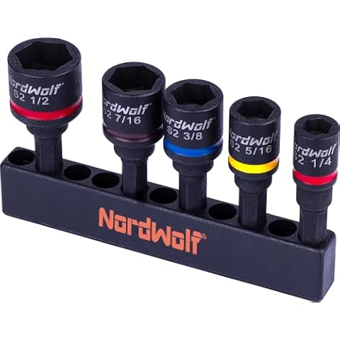 NordWolf 5-Piece SAE Nut Driver Set, S2 Steel Impact Magnetic 2" Nut Setters, Imperial Sizes 1/4"-5/16"-3/8"-7/16"-1/2" Cover