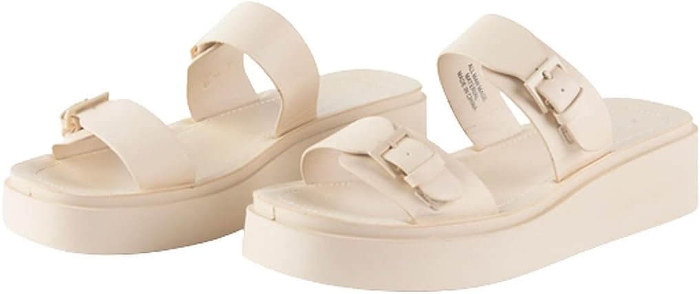Soda Deal ~ Women Open Toe Two Wide Strap With Buckle Platform Slide Sandals DEAL BONE 9