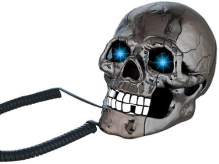 Althemax Black Scary Cool Skull Skeleton Shaped Telephone Land Fixed Line Desk Wired Corded Phone with Blue Led Flashing Eyes Punk Gothic Creative Funny Home Office Decoration Gifts
