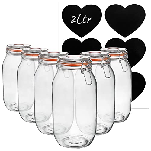 Argon Tableware Glass Storage Jars with Labels - Vintage Food Preserving Container - Clip Lid - 2 Litre - Orange, White, Clear & Black Seals - Pack of 6