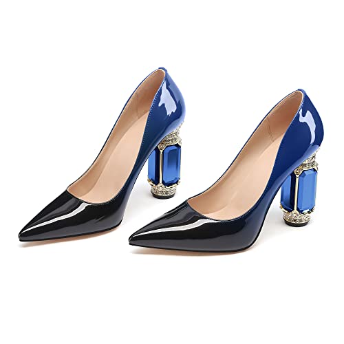 Image of JANSEVEN Women Chunky Heels Pumps Crystal Block Heels with Rhinestones Pointed Toe Sexy Gradient Patent Leather Slip on Bridal Party Wedding Dress Shoes 5-13 M US
