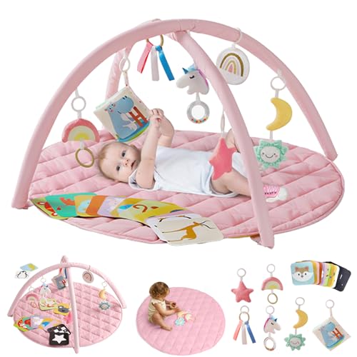 Image of Unicorn Baby Play Gym, Tummy Time Mat with 7 Detachable Toys & 15 Cards, Baby Play Mat for Stage-Based Sensory & Motor Skill Development, Baby Activity Mat for Girls & Boys, Ideal Present, Pink
