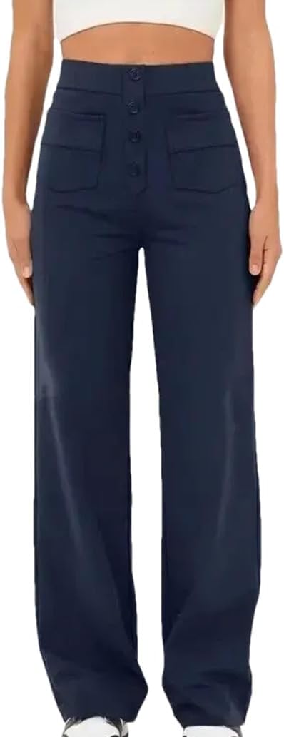 Women's Casual Straight Cargo Pants Leg Pants with High Waist Button Elastic Business Work Pants with Multiple Pockets