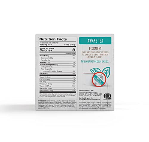 Super Organics Awake Black Tea Pods With Superfoods & Probiotics Keurig K-Cup Compatible Energy, Revitalizing, Refreshing Tea Usda Certified Organic, Vegan, Non-Gmo, Natural & Delicious, 10Ct #TOP5