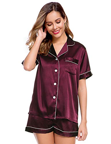 Image of LecGee Womens Silk Satin Pajamas Short Sleeve Loungewear Two-Piece Sleepwear Button-Down Pj Set