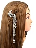 QTMY Moon Rhinestone Tassel with Crystal Beads Charms Hair Clip Pin Hair Chain Jewelry Hair Accessories (Silver)