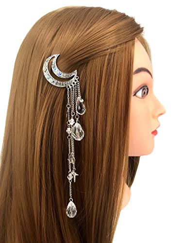 QTMY Moon Rhinestone Tassel with Crystal Beads Charms Hair Clip Pin Hair Chain Jewelry Hair Accessories (Silver)