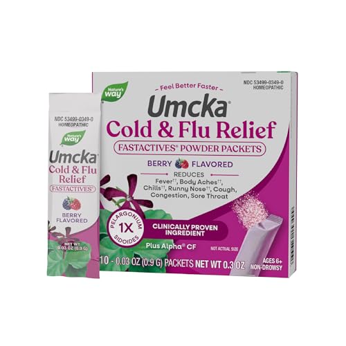 Nature's Way Cold + Flu Relief FastActives, Umcka, Homeopathic, Fever*, Sore Throat, Cough, Congestion, Phenylephrine Free, Non-Drowsy, Berry Flavored, 10 Packets (Packaging May Vary)