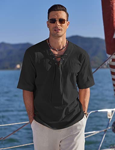 Coofandy Men Linen Shirts Hippie Renaissance Tunic Shirts Medieval Pirate Shirt Top Black #TOP1