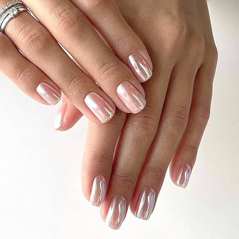 Bellelfin 24Pcs Short Press on Nails Square Chrome Nude Fake Nails, Solid Color Acrylic Nail Press ons Cute Stick on Nails for Women Girls Artificial Fingernails Cover