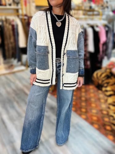 Molisry Women's 2025 Cardigan Sweater Long Sleeve Patchwork Denim Pockets Open Front Jean Jacket Spring2