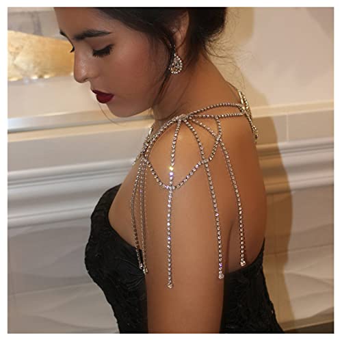 Rhinestone Tassel Shoulder Chain Wedding Backdrop Chain Crystal Flower Shoulder Chain Necklace Bridal Rhinestone Multi Layered Shoulder Body Chain Jewelry For Women (Shoulder Chain-Silver) #TOP5