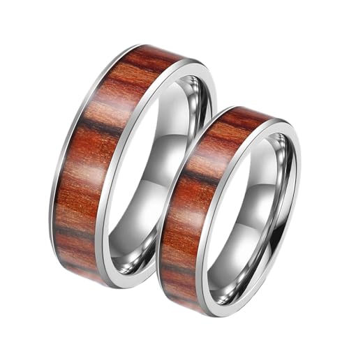 Bague de fiancaille marron argent en acier inoxydable poli et grain de bois noble