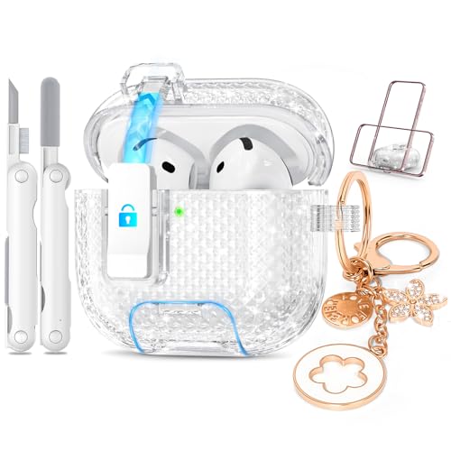 for Airpods 4 Case Shining Clear with Lock&Bling Keychain for Women&Girly,Cute Soft TPU Clear Case Cove for Apple Airpods 4th Generation (2024) with Cleaning Kit,Phone Holder Function by joremx - Used condition - US$11.09