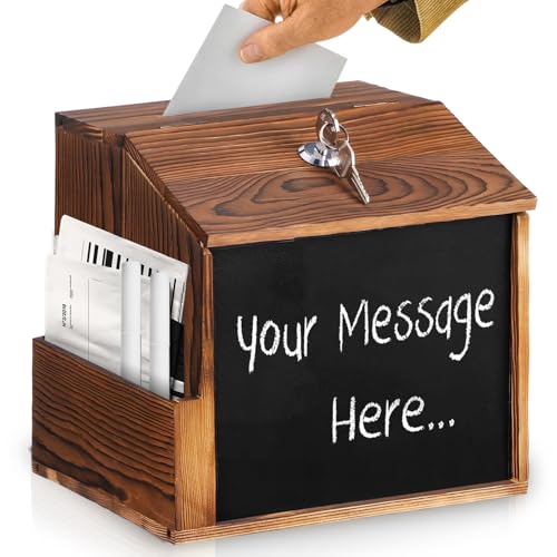 GOEDCH Caja de madera con cerradura: buzón para pared para donaciones, votos, caja de colección vintage con candado con pizarra y 2 rotuladores blancos (21 x 20 x 17 cm)