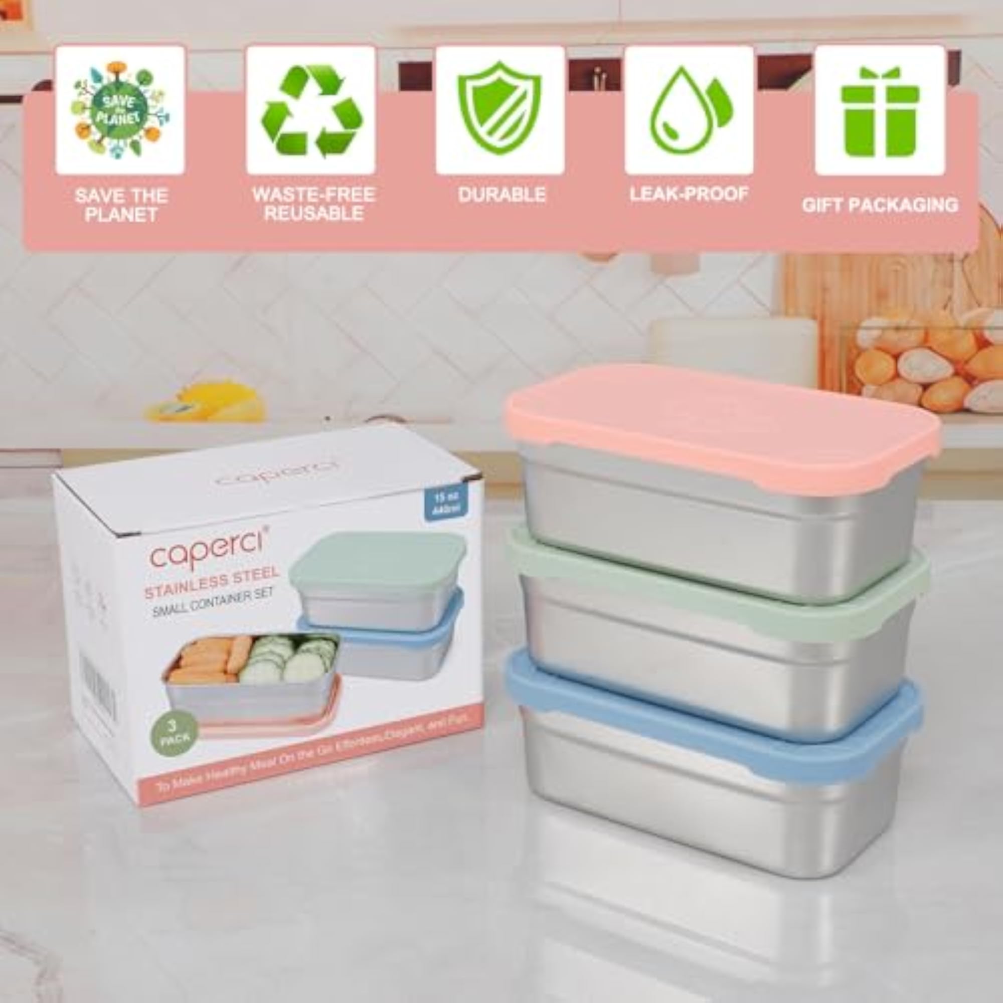 3-Pack Stainless Steel Snack Containers, 15oz Food Storage