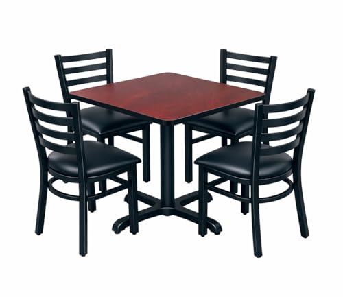 Kratos Commercial 30" Square Cherry/Black Laminate Table Set with X-Base and 4 Ladder Back Metal Chairs and Black Seat | Restaurants, Bars, Dining Halls | - (32Q-052)