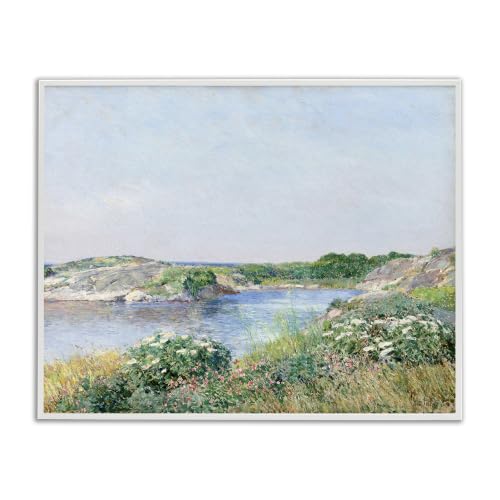 'Rocky Shore Flower Bushes Ocean Inlet Scene'| Framed Giclee Art