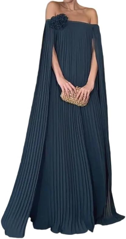 Women's Off Shoulder Pleated Maxi Dress A Line Wedding Cocktail Party Long Evening Dress