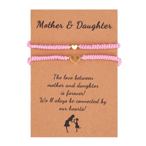 ZXUSHE Pulseras para niña,Pulseras para mujer,Pulsera de regalo para el día de la madre Pulsera de corazón a corazón para madre e hijo Pulsera trenzada de cuerda rosa de amor (2 piezas)