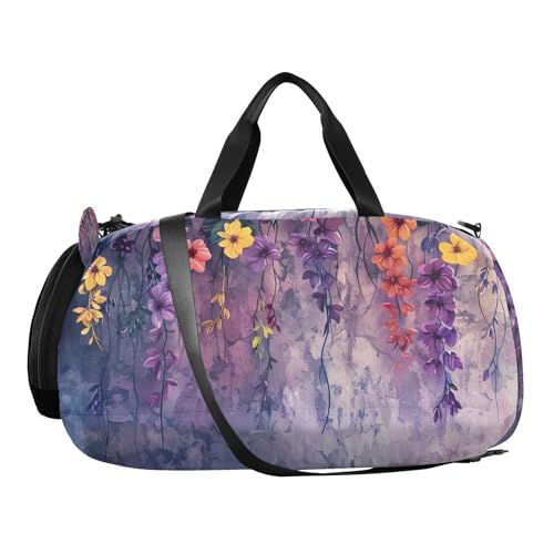 YETTASBIN Sport Travel Duffel Bag for Girls Boys, Flower on Wall Large Waterproof Weekender Overnight Bag, Detachable Shoulder Strap Gym Bag with Shoe Compartment & Wet Pocket2