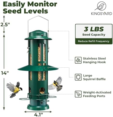 Kingsyard Squirrel Proof Bird Feeder with Removable Base, All Metal, Tube Bird Feeders for Outdoors Hanging, Easy to Clean & Refill, Dark Green - 1