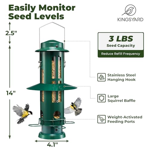 Kingsyard Squirrel Proof Bird Feeder for Outdoors Hanging, Metal Wild Bird Feeders with Removable Base and Baffle, Easy to Clean & Refill, 3 lbs Large Seed Capacity, Dark Green - Thumbnail 2