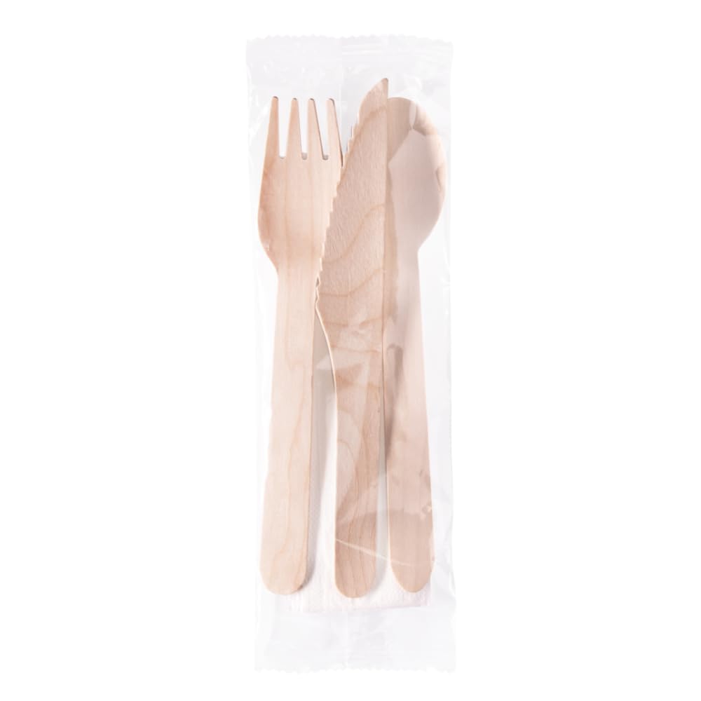 100/300/400 posate in legno forchette cucchiai cucchiaini coltelli in legno di betulla vari formati per catering feste party ristoranti (300 tris imbustati 16cm + tovagliolo)