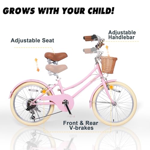 Glerc Missy 20\ Zoll Mädchen Cruiser Kinder Fahrrad 6-Gang Teen Hybrid City Fahrrad für Jugend Alter 6 7 8 9 10 11 12 Jahre alt mit Weidenkorb & Leichtgewicht,Rosa
