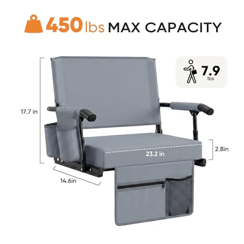 Sekey Stadium Seats with Back Support, Extra Wide & Thick Cushion, 2 Pack Bleacher Chairs with Cup Holders & Storage Pockets, Plus-Size Friendly for Outdoor Sport Events (Support Up to 450lbs),Grey