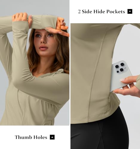 GYM RAINBOW Sun Protection Jacket Full Zip Up Hoodie Long Sleeve Workout Jackets for Women Running Athletic Gym BBL Jackets(#1 Khaki,Medium) — view 5