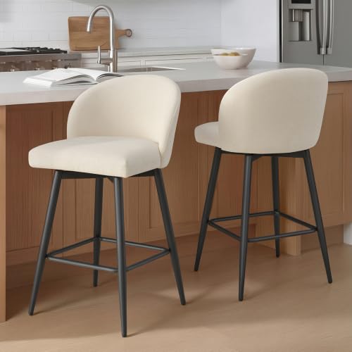 Zerel's Home 30" Bar Height Stools Set of 2,Linen Fabric Upholstered Barstools with Footrest,Metal Frame,360° Swivel Barstools for Kitchen Island, Home Bar & Breakfast Nook,Beige
