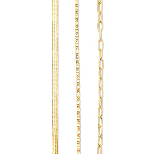 Amazon Essentials 14K Gold Plated Paperclip, Station And Herringbone Chain 3 Row Layered Necklace 16" 18" 20", Yellow Gold #TOP3