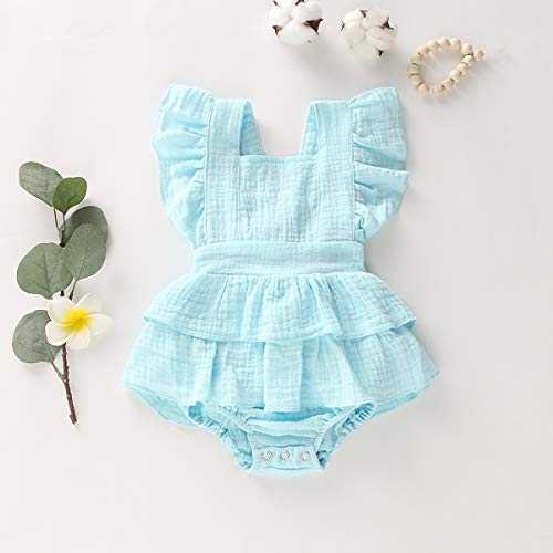 Bowanadacles Newborn Baby Girl Romper Jumpsuit Cotton Linen Sleeveless Ruffled Bodysuit Infant Summer Clothes Outfits (90(6-12M), Light Blue) #TOP1