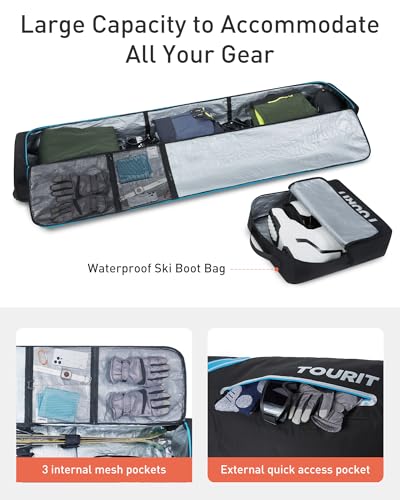 TOURIT Rolling Double Ski Bag, Fully Padded Snowboard Bag with Wheels for Air Travel, 900D Oxford Waterproof Ski Bag with Ski Boot Bag, Ski Travel Bags for Flying, Skis Up to 195 cm-Grey - Thumbnail 7