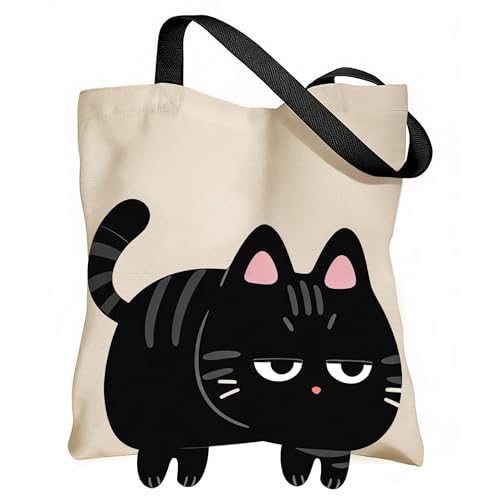 Image of Huipalon Black Cat Canvas Tote Bag - Funny Moody Cats Shoulder Bag for Women & Cat Lovers - Reusable Cotton Shopping Bag for School, Work, Travel and Grocery, Funny Cat Gifts (Black Cat)