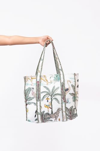 Bolso tote acolchado grande de tela de algodón para viaje, compras y fines de semana con bolsillo interior - Tema safari tropical miniatura 4