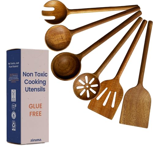 Non-Toxic Cooking Utensils – 6-Piece Kitchen Utensils Set, Glue-Free & One-Piece Wooden Spoons for Cooking, Natural Wooden Utensil Set with Plant-Based Finish, Free of Forever Chemicals