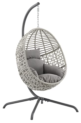 Crosley Furniture Lorelei Wicker Indoor Outdoor Hanging Egg Chair with Stand for Patio, Porch, Deck, Gray