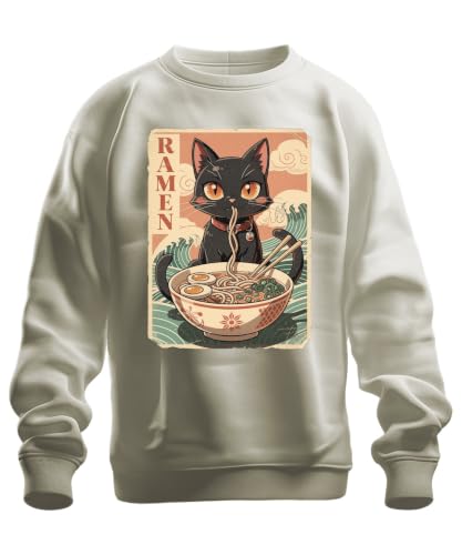 Printera Ramen Chat Noir Japon Nouilles Anime Sweat-shirt Pull, naturel, M