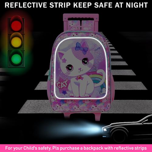 3PCS Kids Rolling Backpack, Girls Roller Wheels Bookbag, Wheeled Elementary School Bag with Lunch Bag - White Cat2