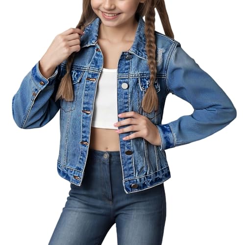 Girls Ripped Jean Jacket Fall Fashion Button Down Collared Long Sleeve Denim Jacket Coat Outwear Tops Outfits 3-12 Years