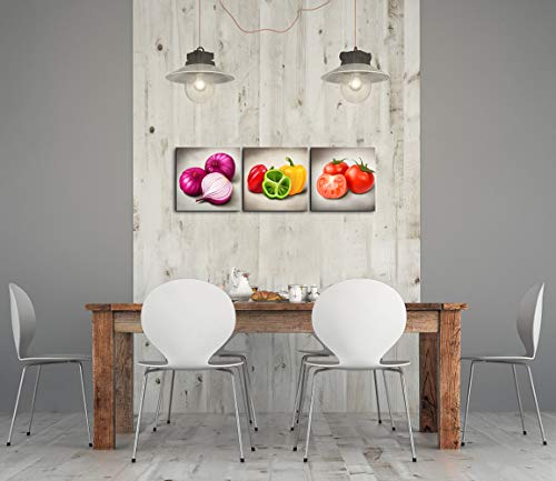 Lovehouse Colorful Vegetables Wall Art Kitchen Decor Painting Onions Peppers Tomatoes Dining Room Pictures On Canvas Ready To Hang 12"X12"X3Pcs #TOP2