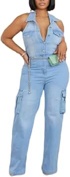 Amazon.com: Wuitrie Denim Jumpsuit for Women Backless V Neck
