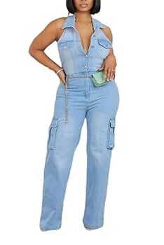 【なあ】BACK OPEN DENIM ALL IN ONE Womens Denim Jumpsuit Overalls Zip Front Collared all in one