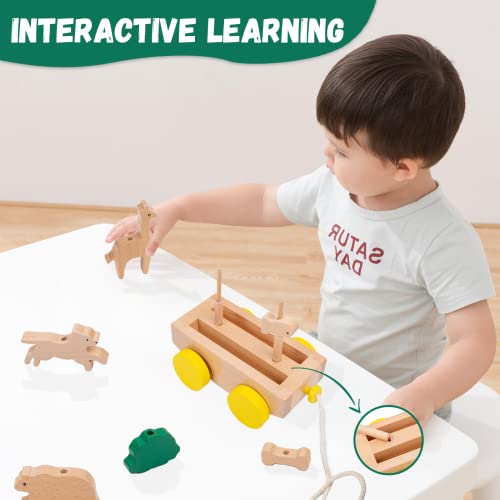 Image of Adena Montessori Wooden Pull Long Trailer Toys - Wooden Pull Car Interactive Animal Towing Toy for Kids 1-3 Years Old Cognitive Development